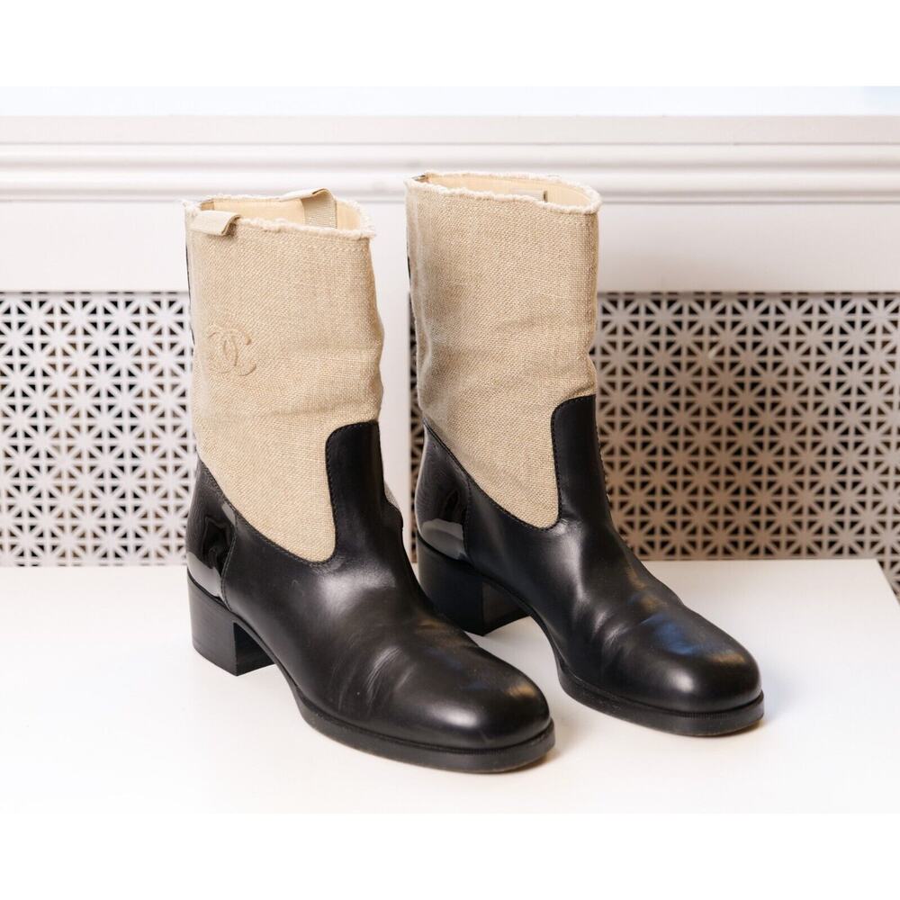 Chanel Beige Paris-Grece CC Canvas Colorblock Pattern Leather Boots (Size 39)